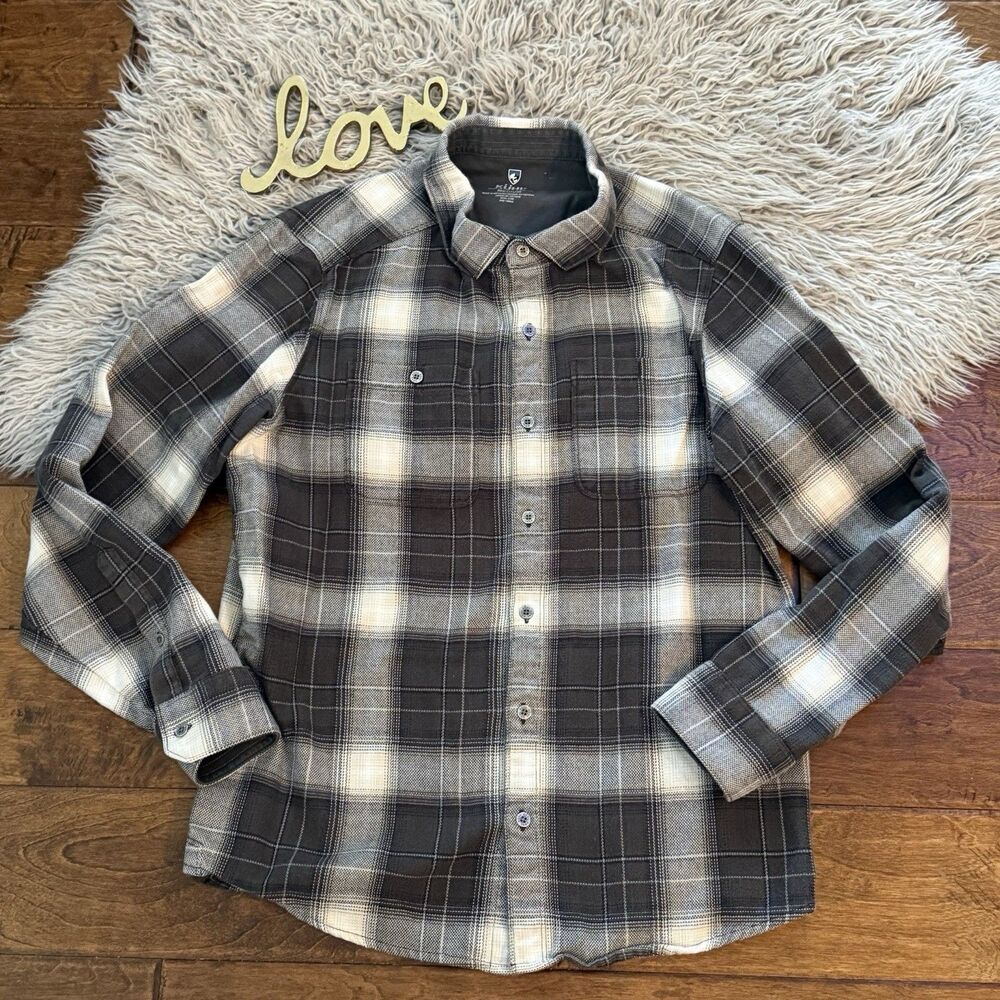 Kuhl Mens Shirt Law Black Gray Plaid Flannel Long Sleeve Button Up Shirt Size M